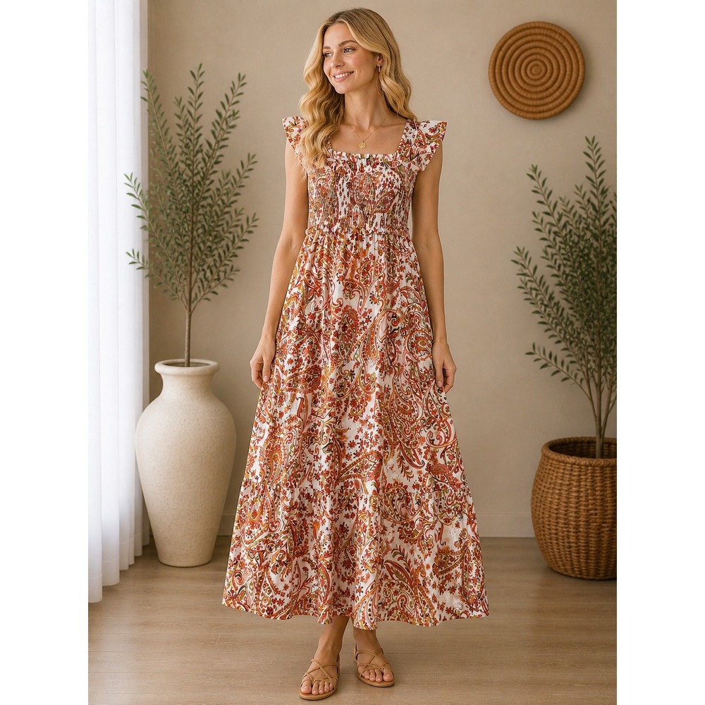 Melloday Womens XL Paisley Tiered Maxi Dress Smocked Bodice Orange CED213619-ARD